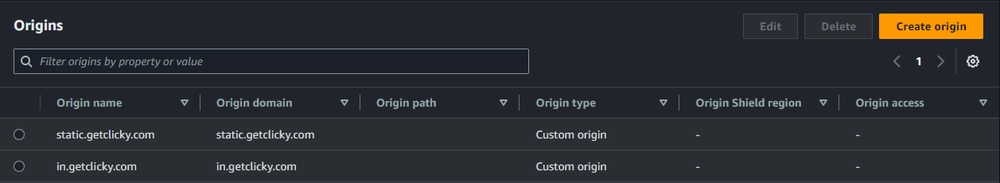 Example of Origins settings for CloudFront